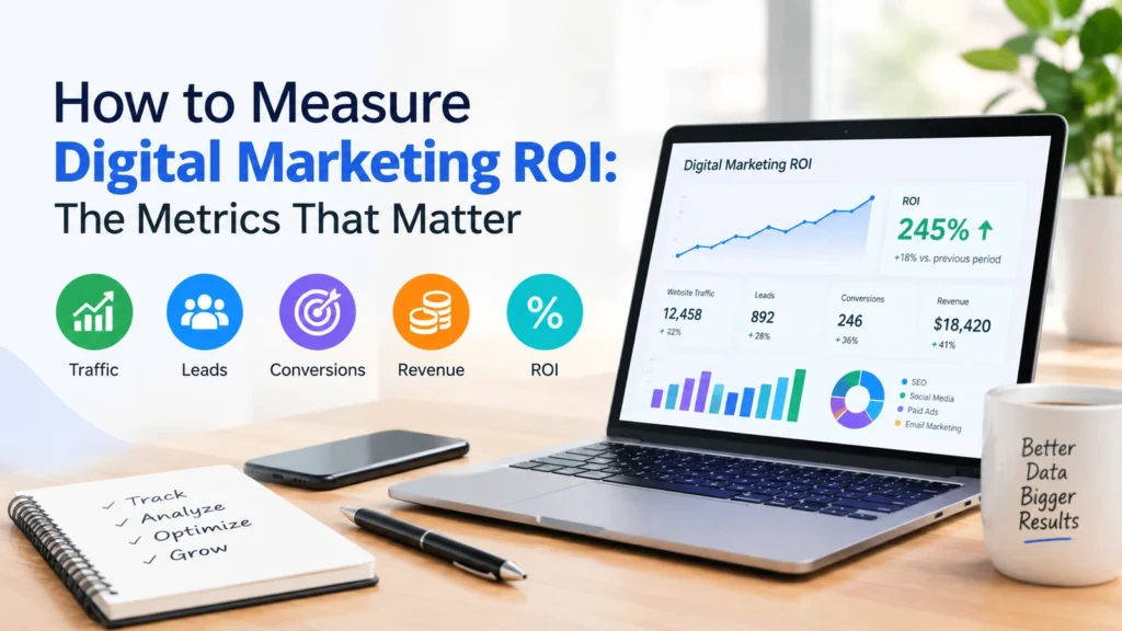 Digital marketing ROI measurement guide by a freelance digital marketer in Ernakulam, covering traffic, leads, conversions, and revenue.